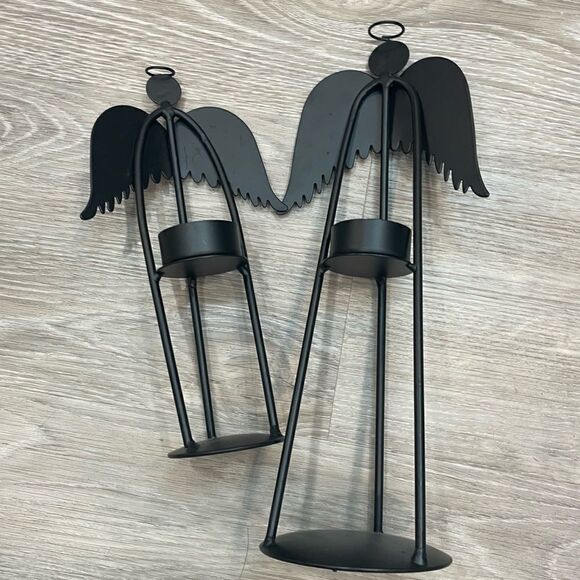 Candle Holder Angel set if 2 Different size in Black Metal - Picture 1 of 6